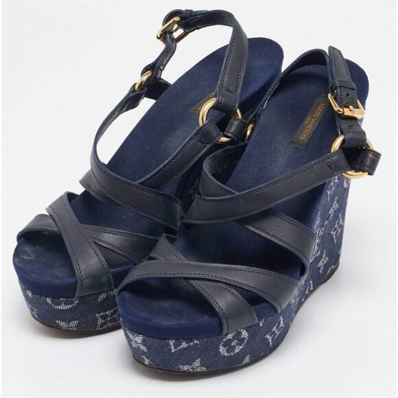 Louis Vuitton Navy Blue Leather and Monogram Denim Ocean Wedge Sandals Size 38.5 - Picture 3 of 7